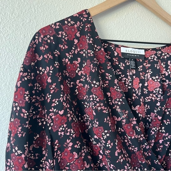 Eloquii Elements Black Burgundy Floral Long Sleeve V Neck Peplum Top- Size 16 - Picture 5 of 11